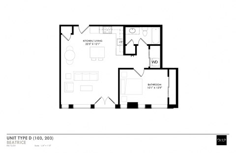 Floor plan for 1 bed, 1 bath, 739 sqft